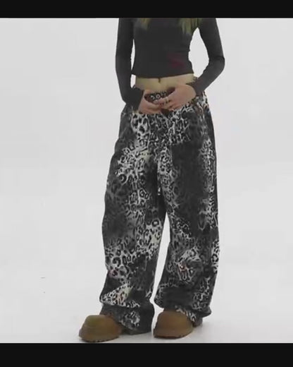 Streetwear Loose Fit Wide-Leg Leopard Jeans