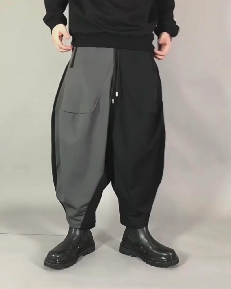 Streetwear Contrast Color Harem Crop Hakama Pants