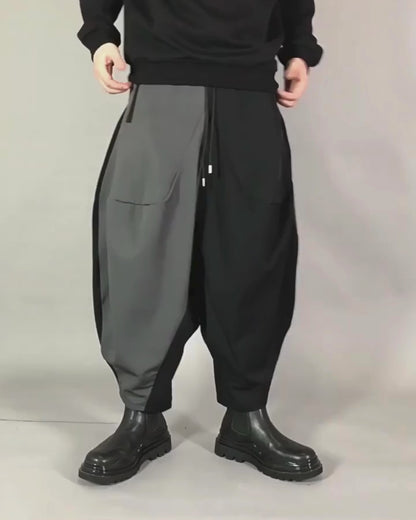 Streetwear Contrast Color Harem Crop Hakama Pants
