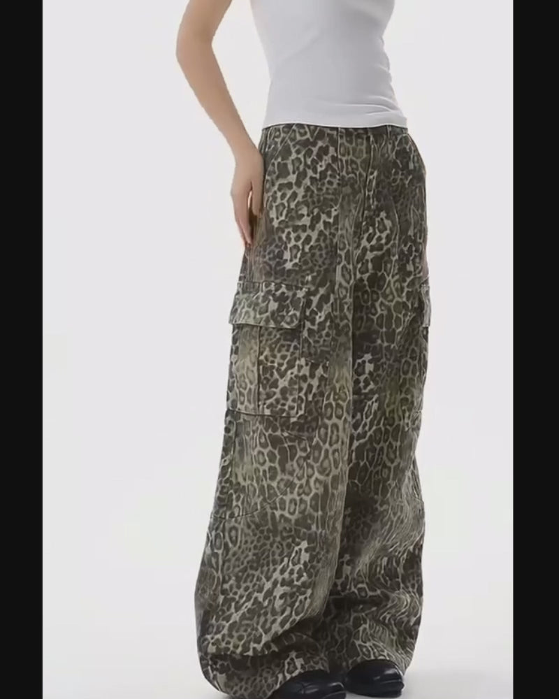 Vintage Baggy Unisex Leopard Print Cargo Jeans